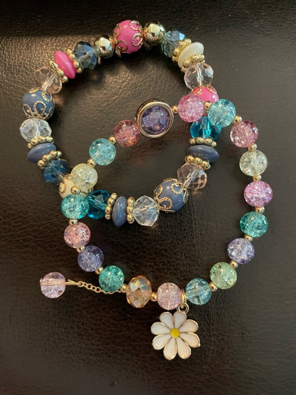 Multi-Color Beaded Daisy Charm Bracelets set of 2 new